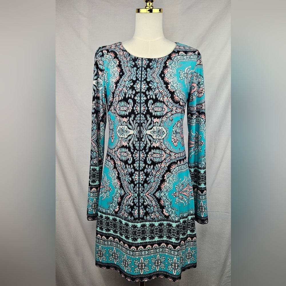 As U Wish Women's Teal & Pink Floral pattern Midi Dress Sz M‎ Coquette Boho